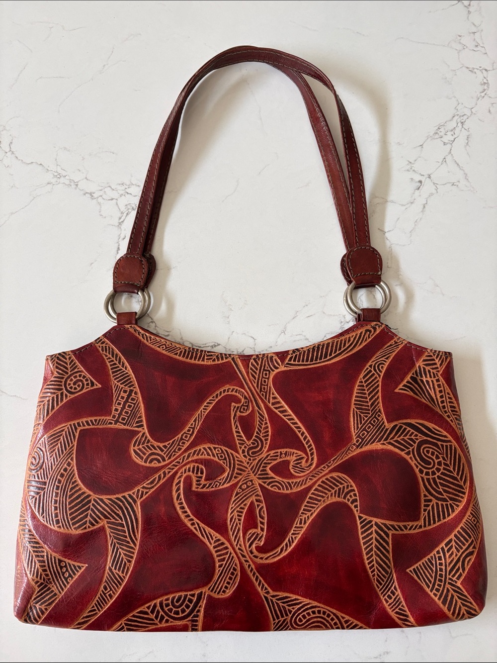 Red Leather Handbag with multicolour abstract print * Express * Made in India